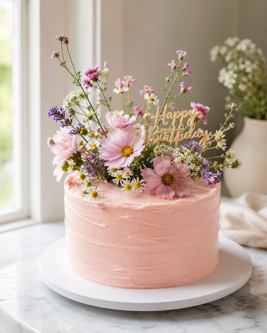 A pink frosted birthday cake decorated with fresh flowers and a gold Happy Birthday topper sits on a white cake stand by a sunlit window.