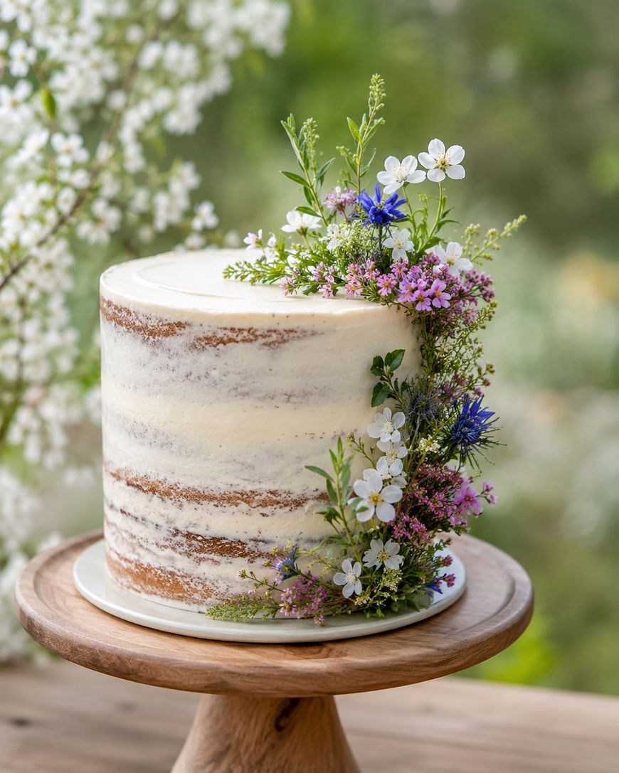 A semi-naked cake with white icing is decorated with small white, pink, and purple flowers. The cake sits on a wooden stand, with a blurred green and white floral background.