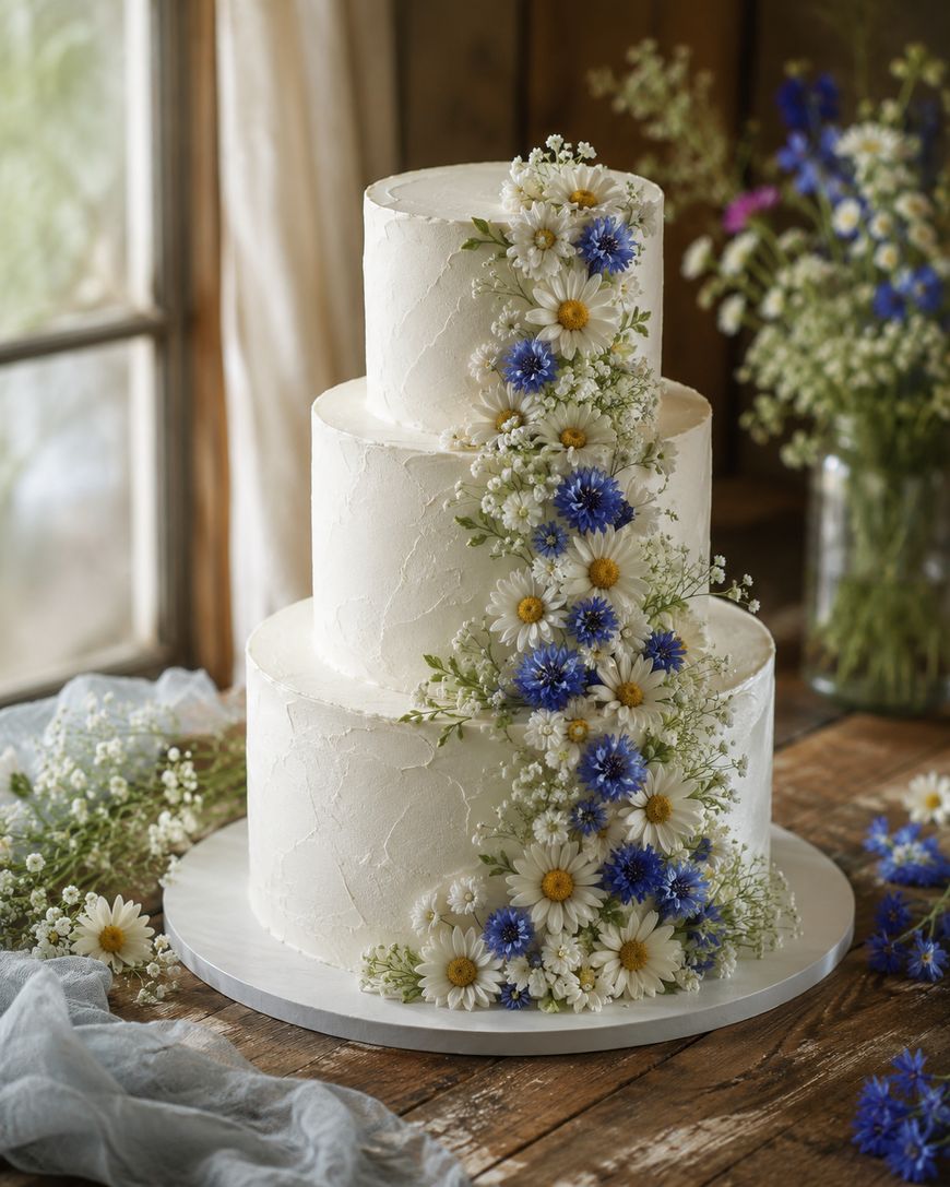 Three-tiered white cake decorated with cascading blue and white flowers and greenery, placed on a rustic wooden table with floral arrangements in the background.