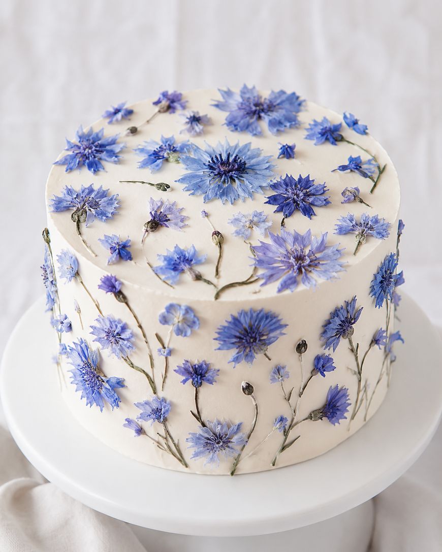 A white frosted cake decorated with delicate, realistic blue and purple edible flowers and green stems, displayed on a white cake stand against a light background.