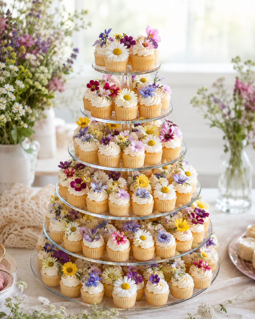 A five-tiered stand holds vanilla cupcakes decorated with colorful edible flowers, surrounded by vases of wildflowers on a bright table.