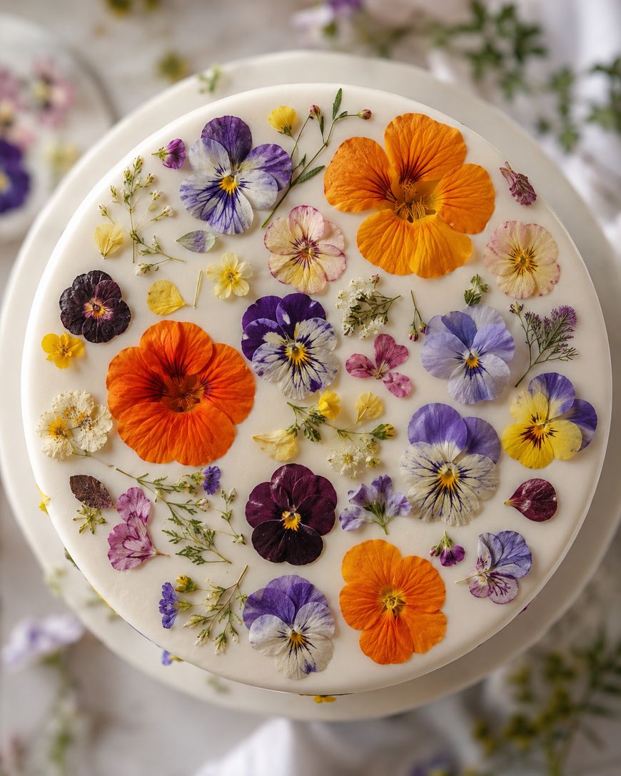 A round white cake decorated with colorful edible flowers in orange, purple, yellow, and blue, arranged evenly across the top. Some small green leaves are scattered among the flowers.