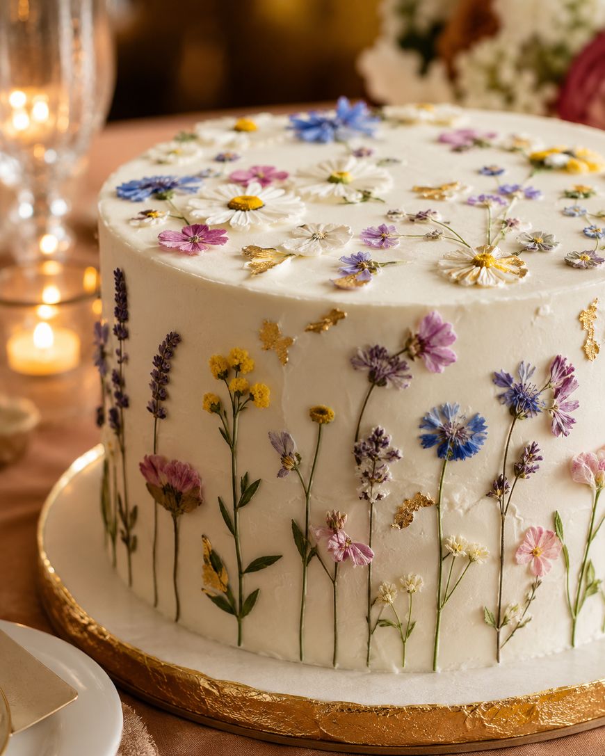 A round cake decorated with edible flowers in various colors and styles, arranged on the sides and top, placed on a gold-trimmed white cake board.