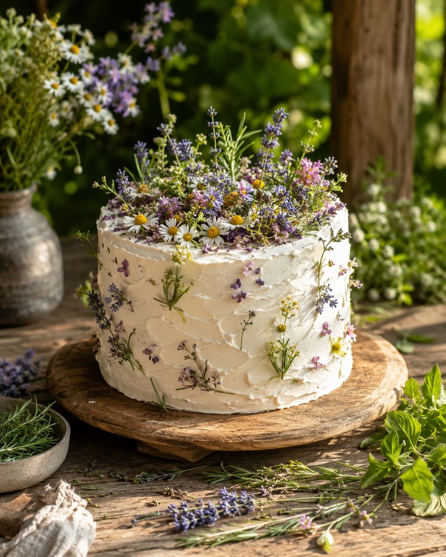 A rustic cake with white frosting is decorated with assorted edible flowers and herbs, sitting on a wooden board surrounded by fresh greenery and a vase of wildflowers.