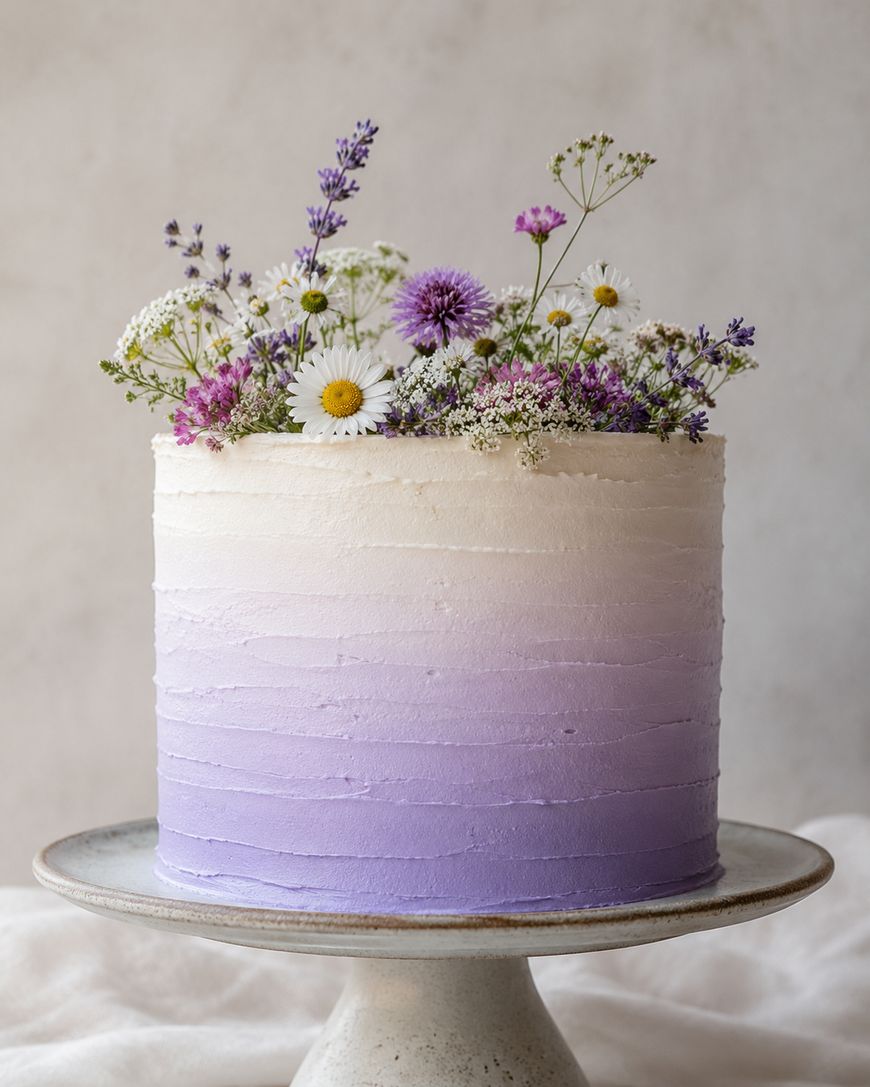 A round cake with smooth, ombre frosting that fades from white at the top to purple at the bottom, topped with assorted fresh wildflowers, sitting on a ceramic cake stand.