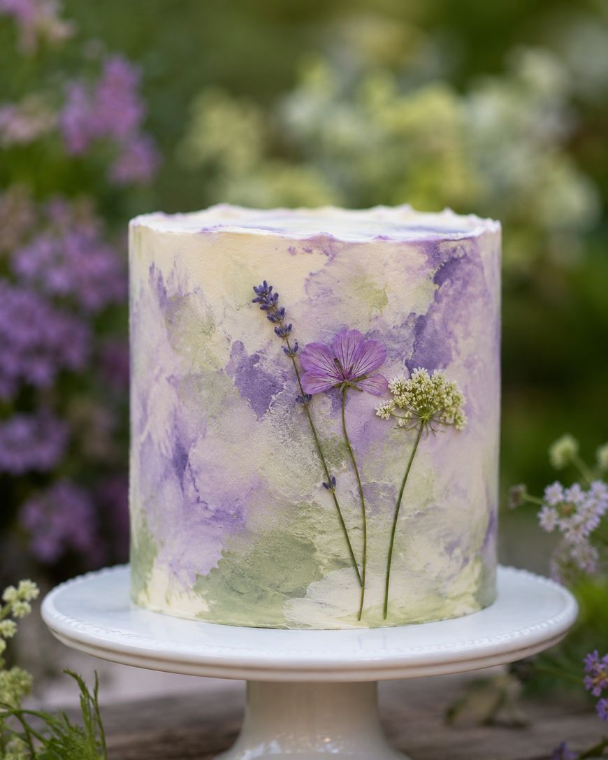 Tall cake with pastel purple, green, and white watercolor-style icing, decorated with pressed edible flowers and greenery, sitting on a white cake stand outdoors with blurred flowers in the background.