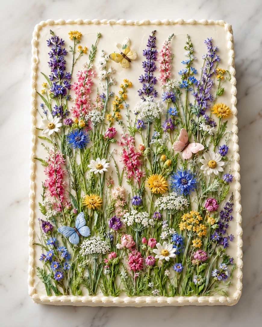 A rectangular cake decorated with colorful buttercream flowers and butterflies, arranged to resemble a wildflower meadow on a creamy white background.