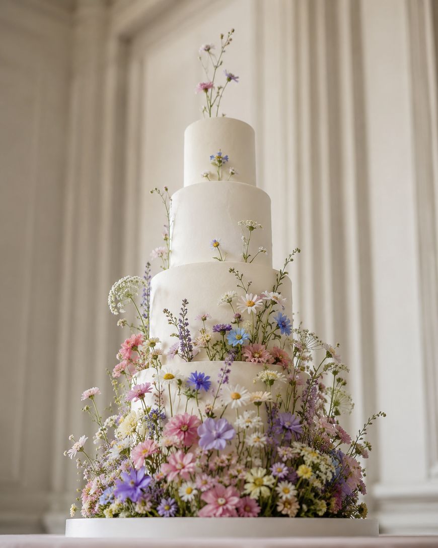 A tall, four-tier white cake decorated with pastel-colored wildflowers and greenery, set against an elegant, light-colored background with vertical panels.
