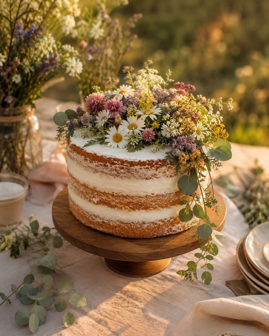 A semi-naked cake topped with assorted wildflowers sits on a wooden stand outdoors, surrounded by vases of flowers and greenery on a softly lit table.