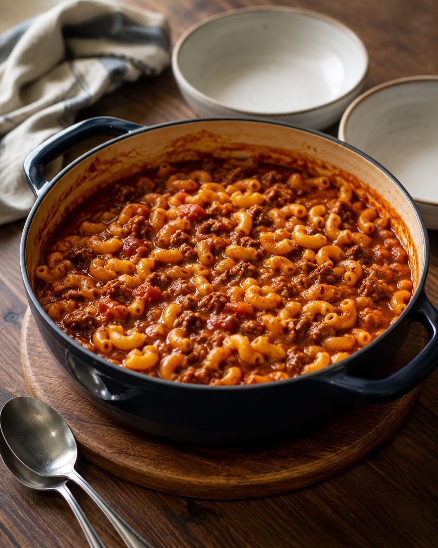 A pot of macaroni with meat sauce sits on a wooden table, next to two empty bowls, a spoon, a fork, and a folded cloth napkin.