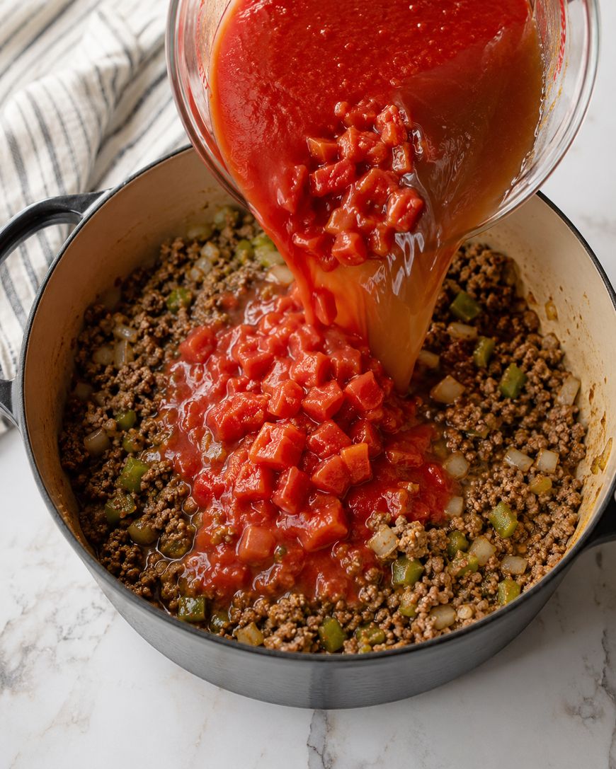 A glass bowl pours diced tomatoes and sauce into a pot of browned ground beef, onions, and green peppers on a marble countertop.