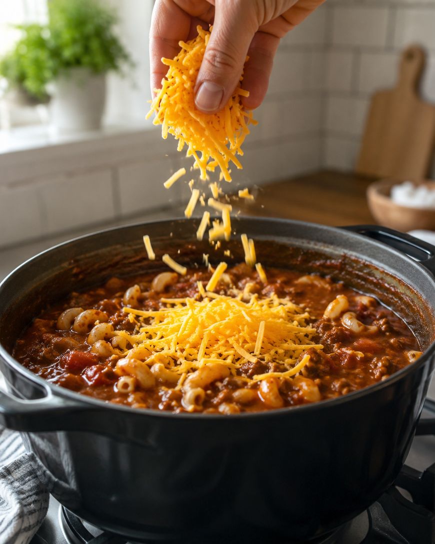 A hand sprinkles shredded cheddar cheese over a pot of macaroni and beef chili in a kitchen setting.