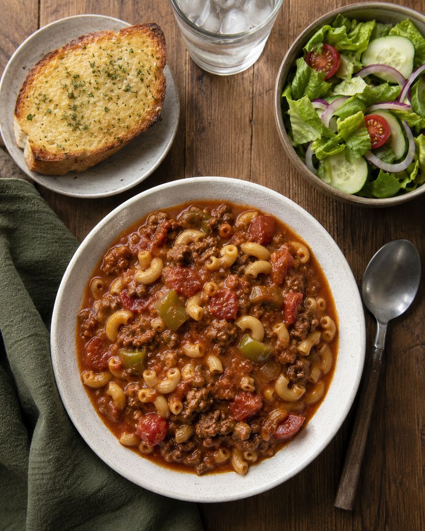 A bowl of beef and macaroni stew, a slice of garlic bread on a plate, a fresh salad with tomatoes, cucumber, and red onion, a spoon, and a glass of ice water on a wooden table.