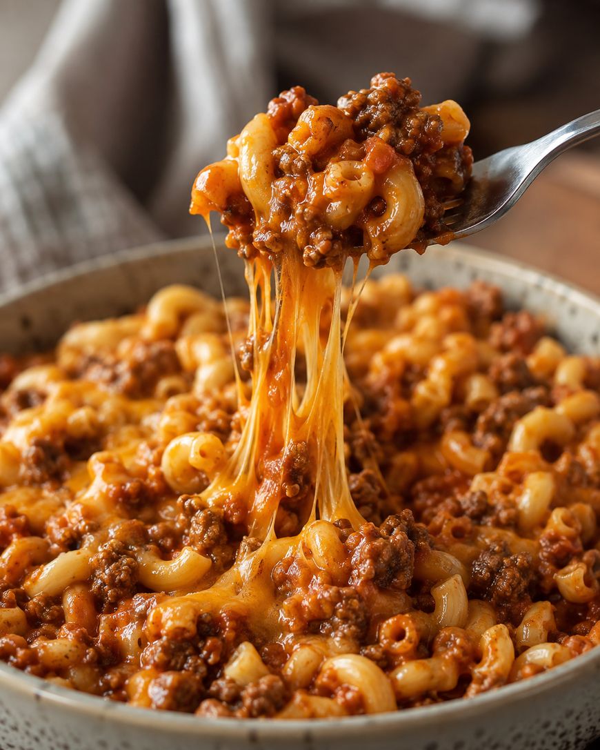 A fork lifts cheesy macaroni with ground beef in a tomato sauce from a bowl, showing melted cheese stretching between the fork and the pasta.