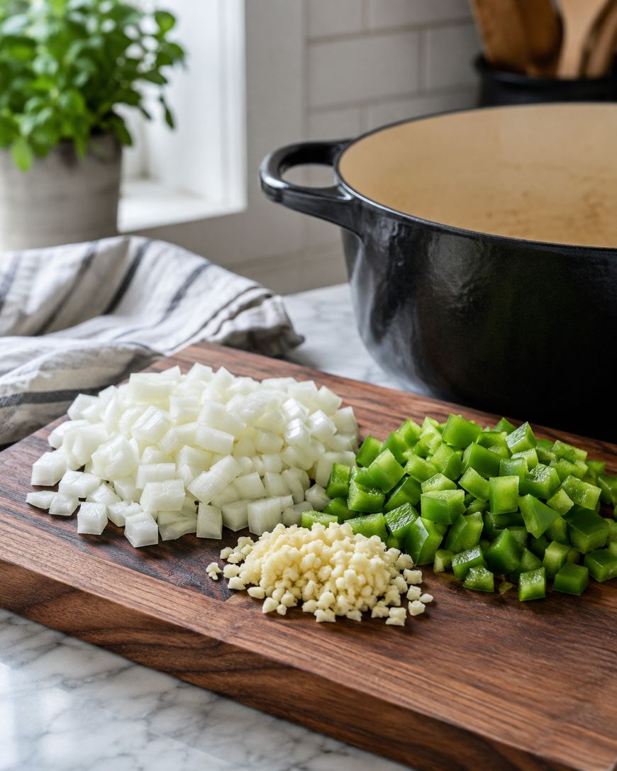 Diced onion, green bell pepper, and minced garlic sit on a wooden cutting board beside a black Dutch oven, with a striped towel and a potted plant in the background.