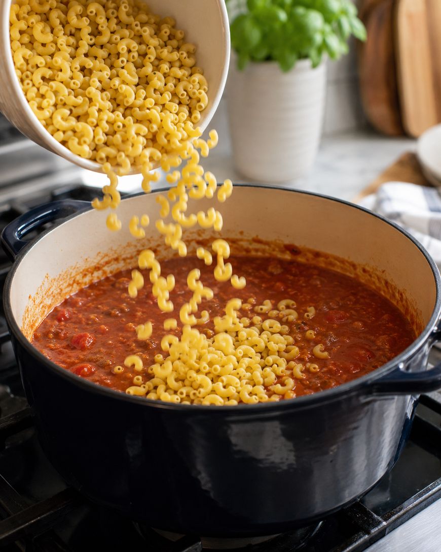 Dry elbow macaroni is being poured from a white bowl into a pot of tomato-based sauce on a stovetop, with a basil plant and kitchen items visible in the background.
