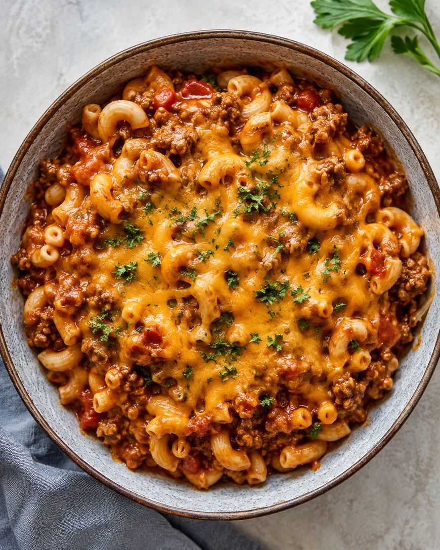 A bowl of macaroni with ground beef, tomato sauce, and melted cheddar cheese, garnished with chopped parsley.