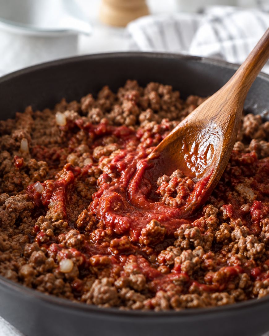 Ground beef cooking in a skillet with tomato sauce, stirred by a wooden spoon. Some chopped onions are visible among the beef. A striped cloth and plate are blurred in the background.