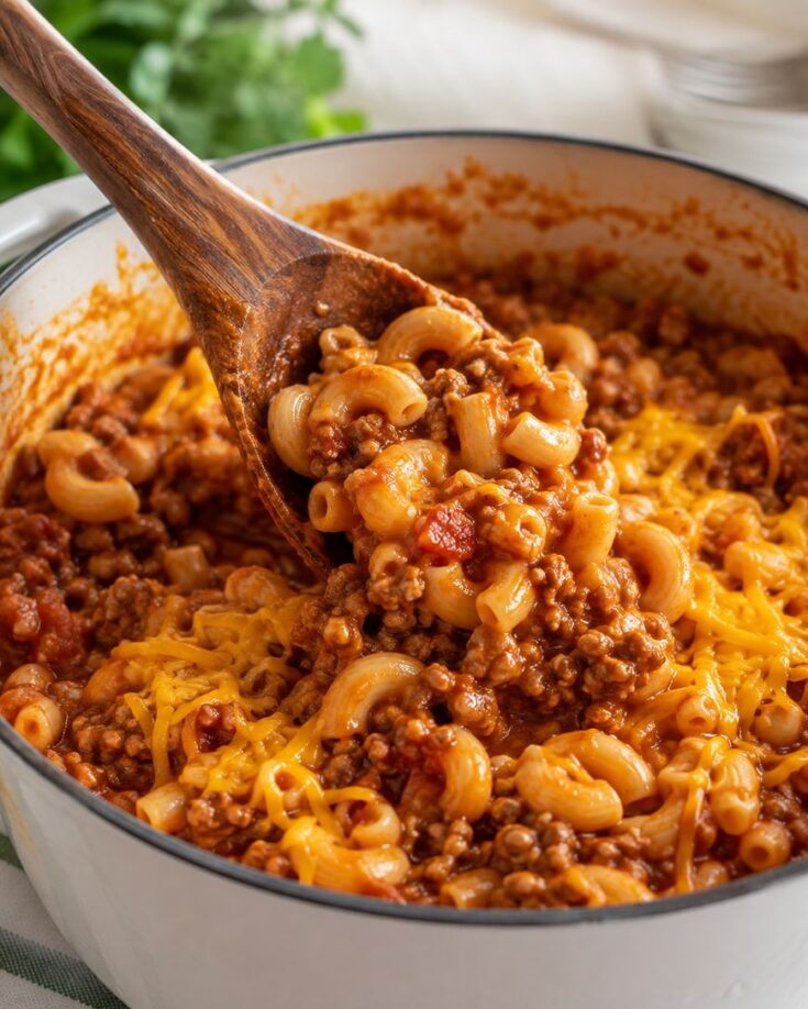 A wooden spoon scoops cheesy macaroni with ground beef and tomato sauce from a pot.