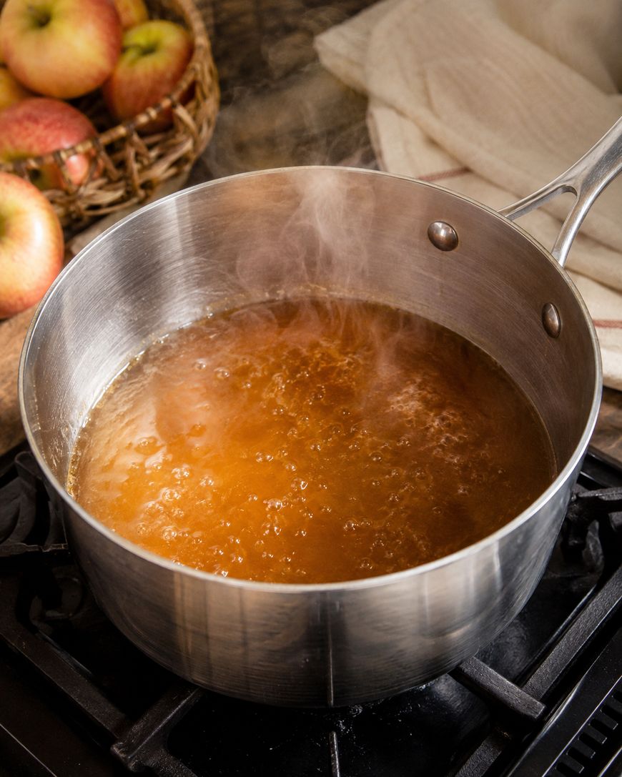 A saucepan filled with bubbling, steaming apple cider sits on a stove, with fresh apples in a basket in the background and a light-colored cloth nearby.