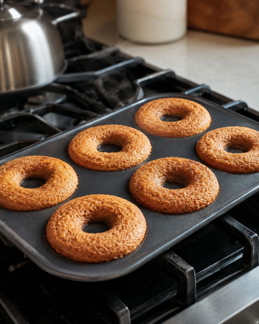 A baking tray with six golden-brown donuts is resting on a stovetop. The donuts appear freshly baked, and the kitchen setting includes a kettle and some containers in the background.