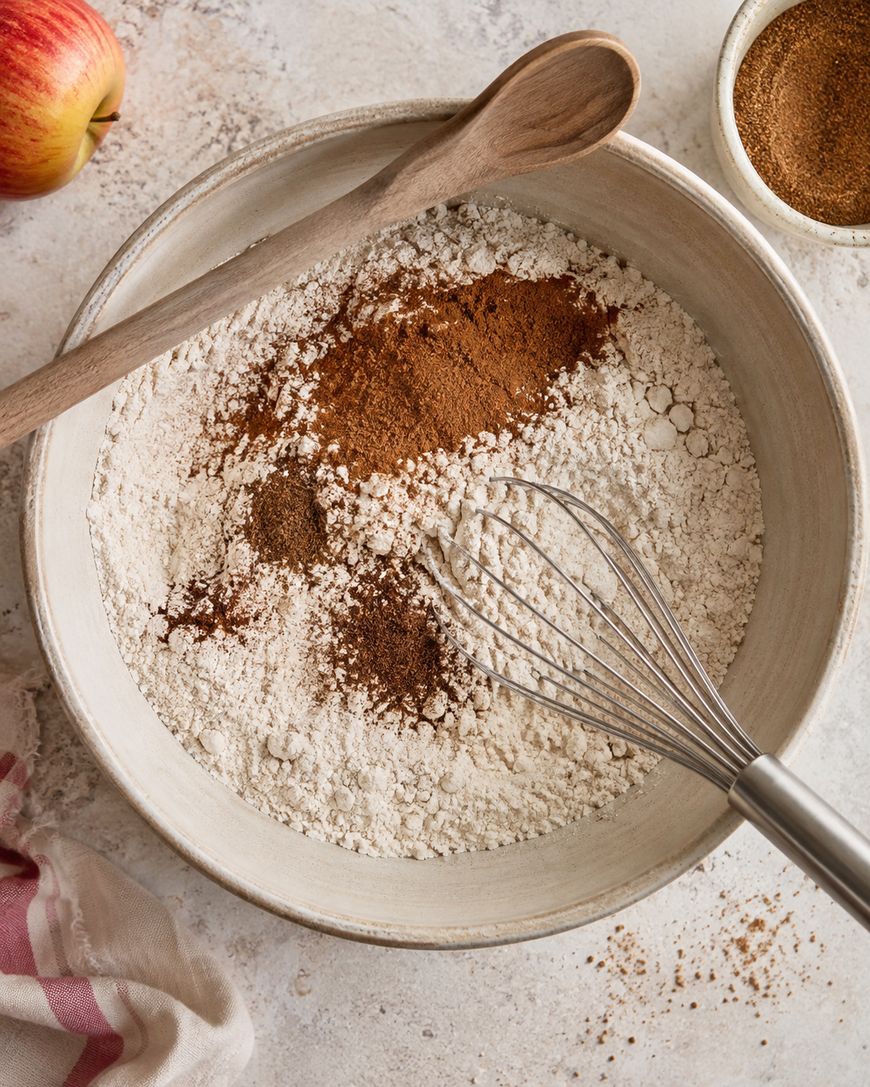 A bowl with flour and spices, a whisk, and a wooden spoon on top. An apple, a small bowl of brown sugar, and a striped cloth are nearby on a light surface.