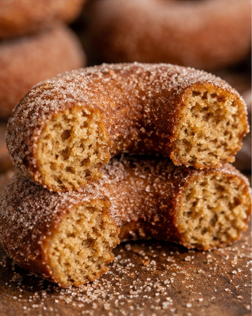 Two cinnamon sugar donuts with bites taken out, stacked on a wooden surface. The donuts are golden brown and have a soft, airy texture, with a coating of sugar and cinnamon visible on the surface.