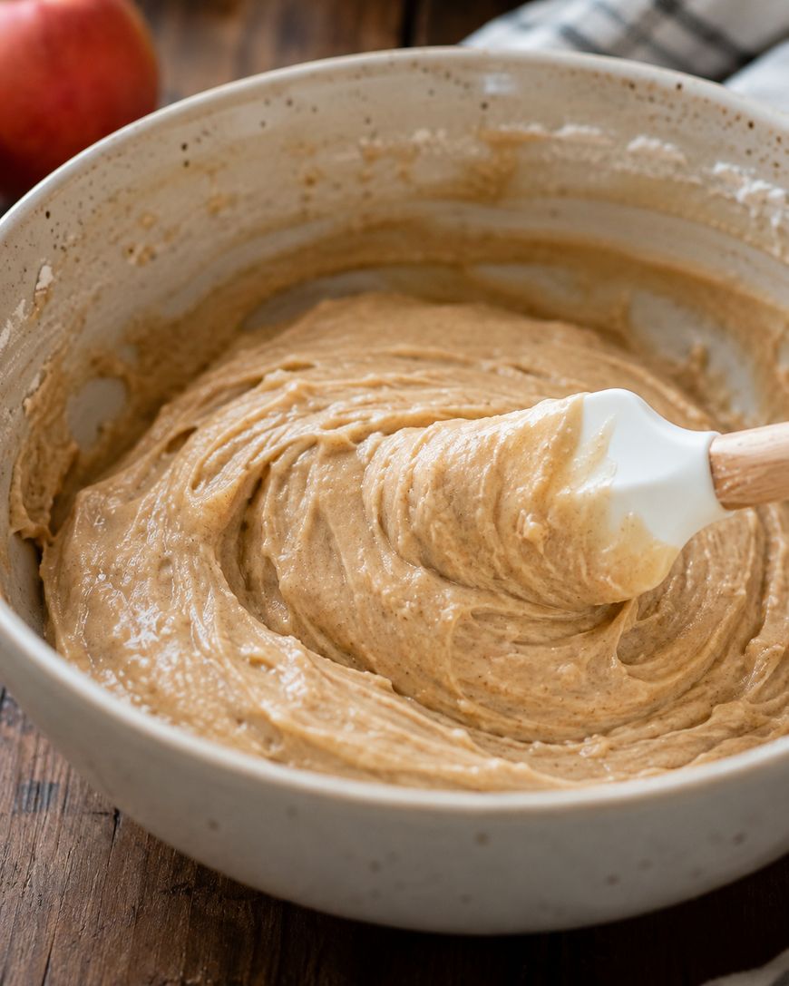 A white spatula stirs thick, light brown batter in a large ceramic bowl on a wooden surface. A red apple and a striped towel are in the background.