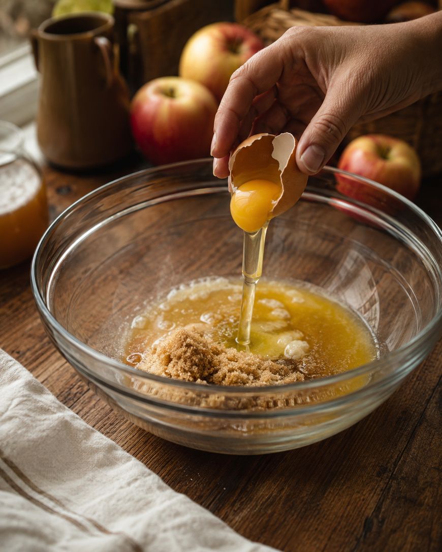 A hand cracks an egg into a glass bowl filled with brown sugar and melted butter on a wooden table, with apples and kitchen items in the background.