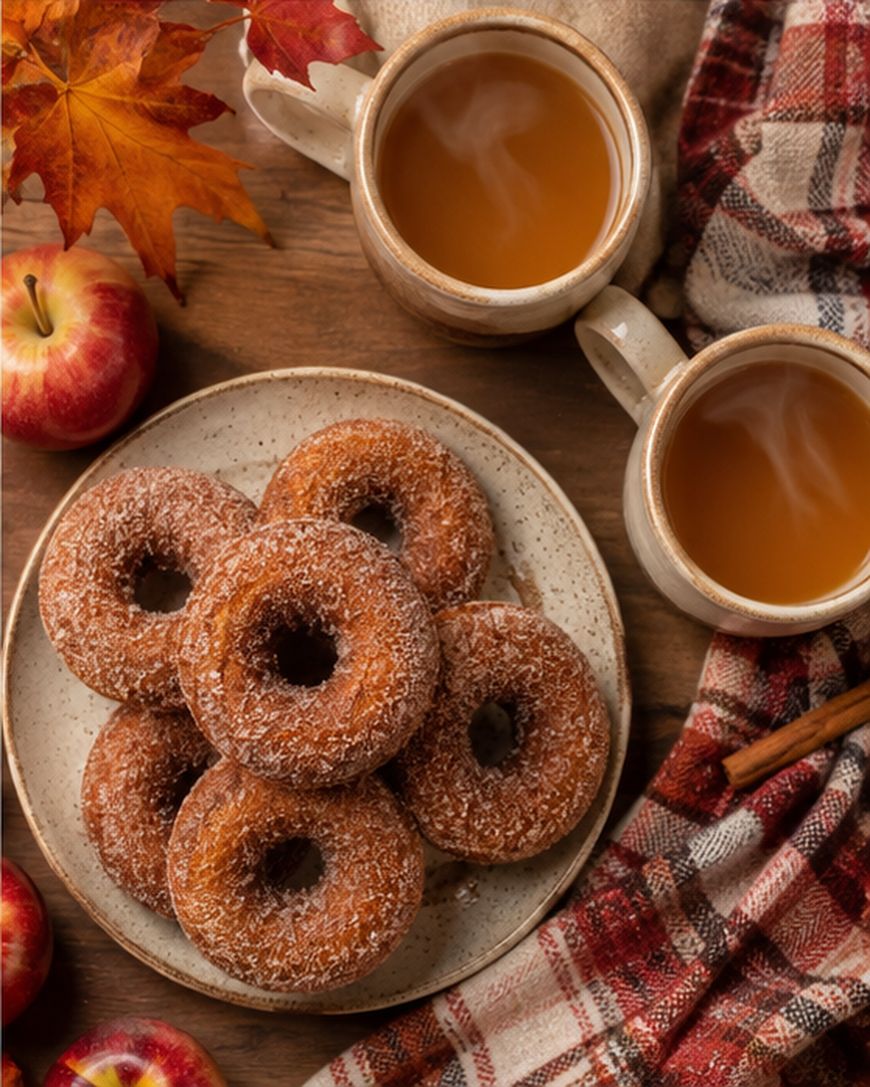 A plate of sugar-dusted donuts, two mugs of steaming cider, apples, autumn leaves, and a plaid blanket on a wooden table create a cozy fall scene.