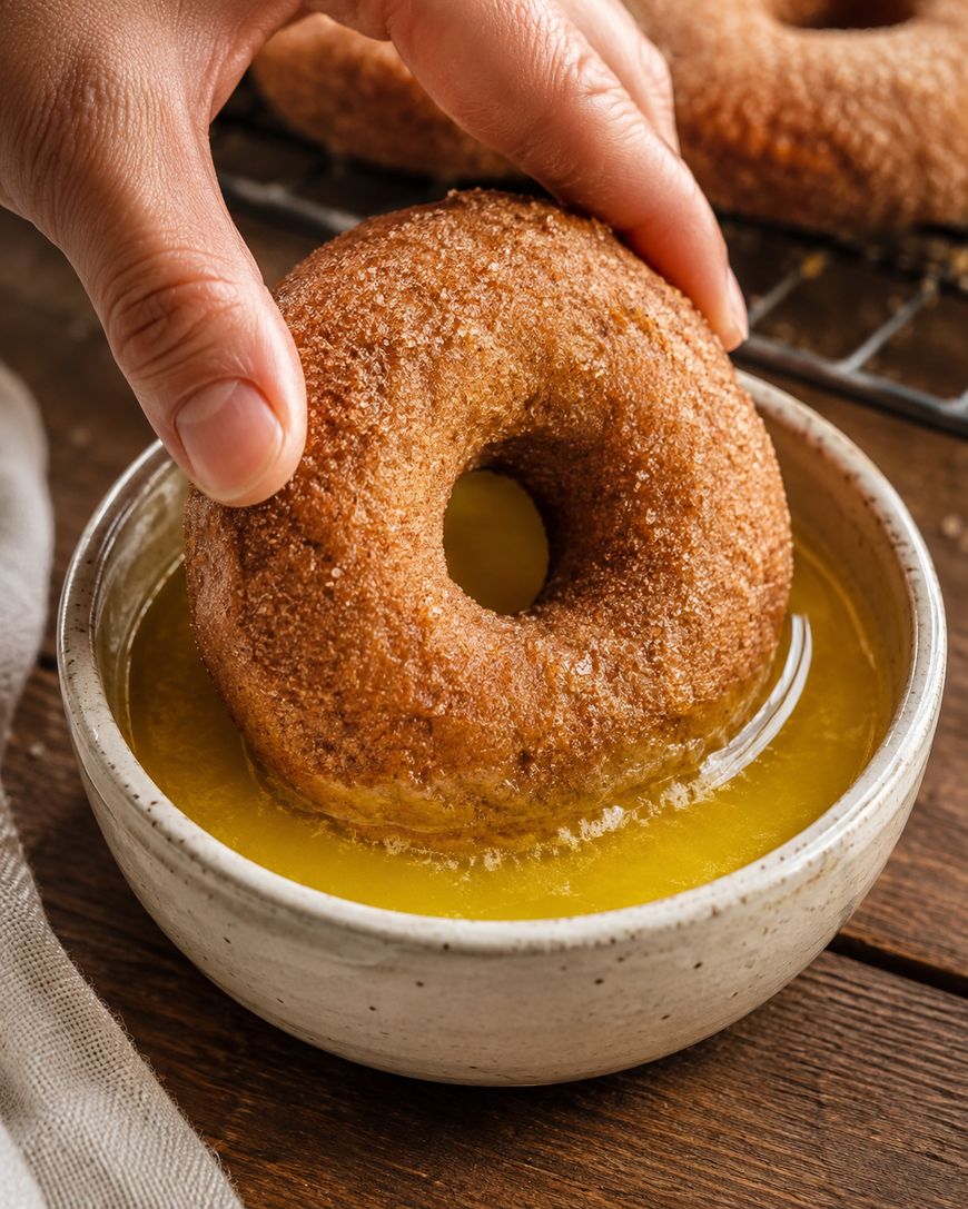 A hand dips a cinnamon sugar donut into a bowl of melted butter, with more donuts on a cooling rack in the background.