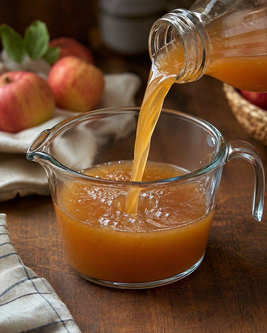 A bottle pours fresh apple cider into a glass measuring cup on a wooden table, with whole apples and a basket of apples in the background.