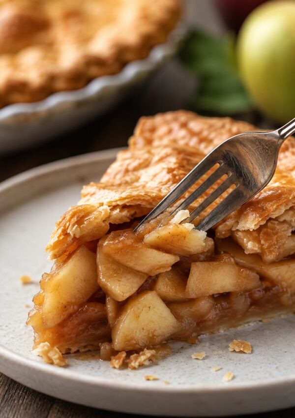 A fork cutting into a slice of apple pie on a plate, showing the flaky crust and cinnamon-spiced apple filling. A whole pie and green apple are blurred in the background.