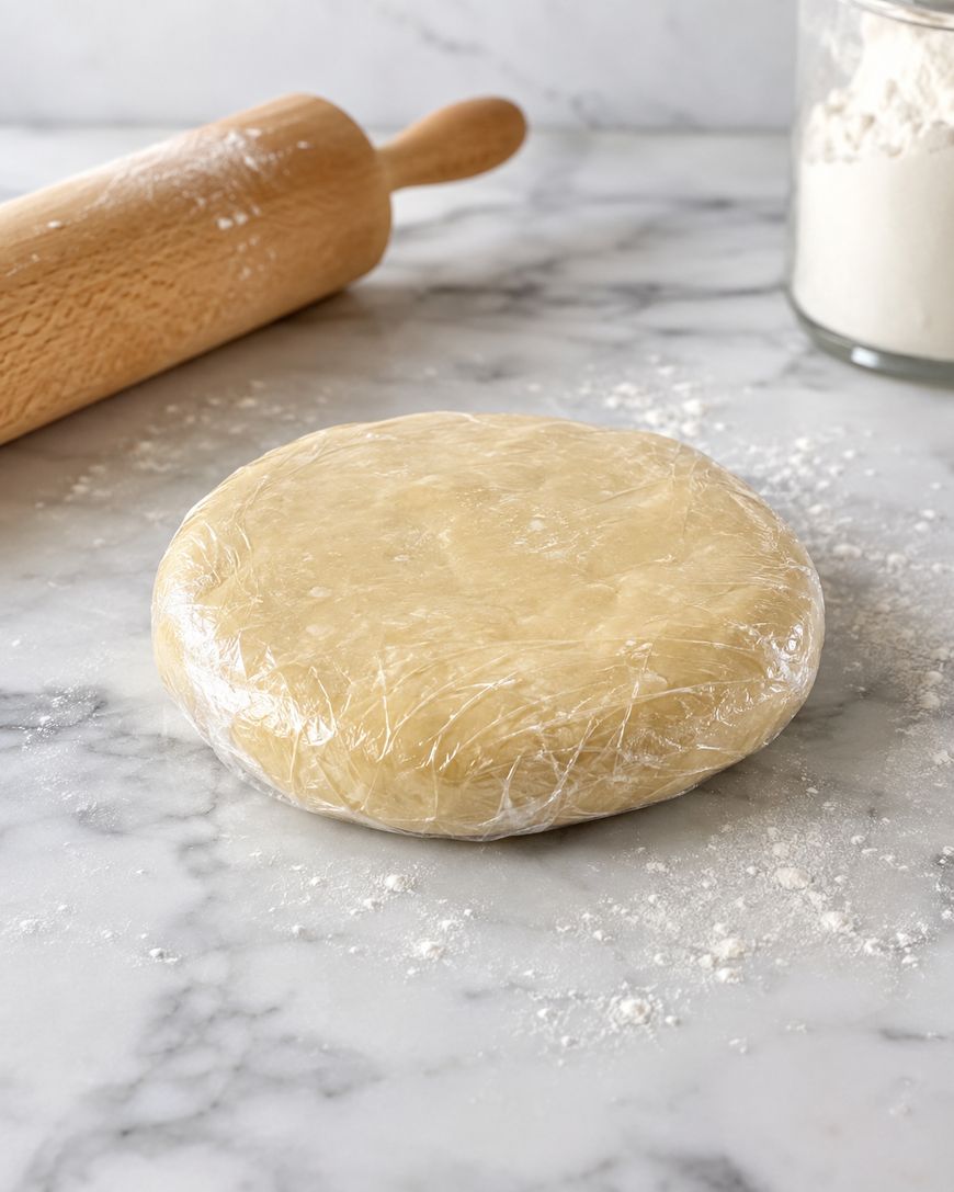 A round disc of dough wrapped in plastic sits on a floured marble surface, with a rolling pin and a jar of flour in the background.