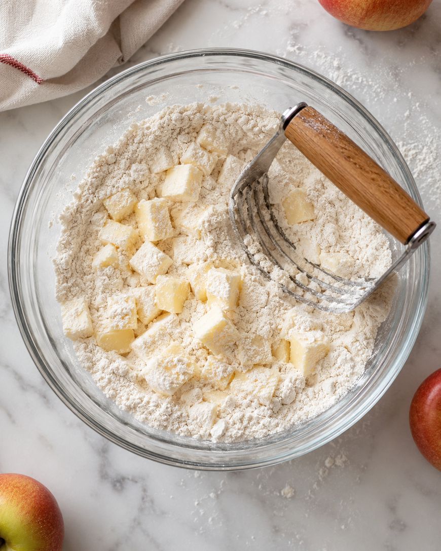 A glass bowl with flour and butter cubes being mixed with a pastry cutter on a marble countertop. Apples and a kitchen towel are nearby.