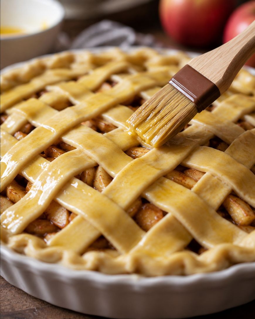 A close-up of a lattice-topped apple pie being brushed with egg wash using a pastry brush, ready to be baked.