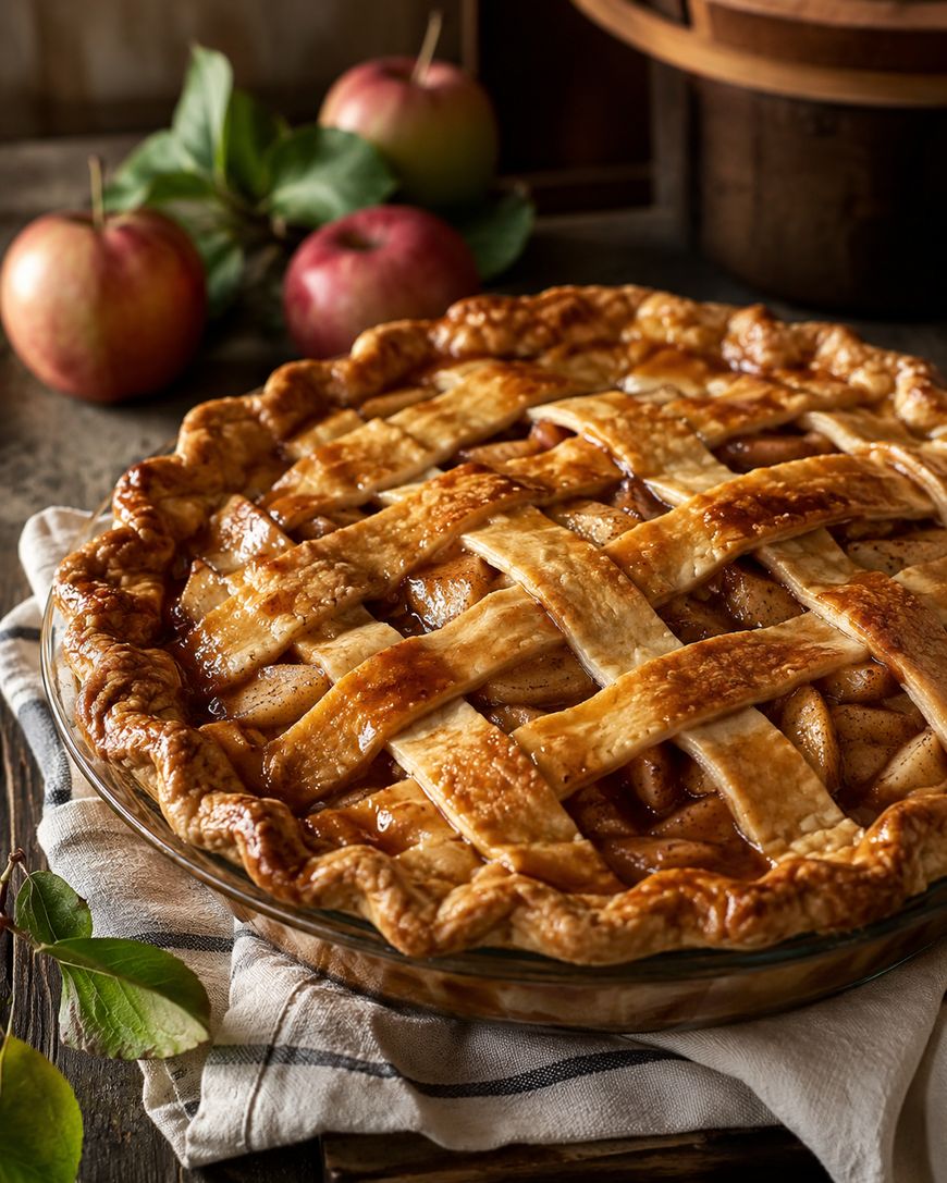 A golden-brown lattice-topped apple pie sits on a cloth, with fresh apples and green leaves in the background on a rustic wooden table.