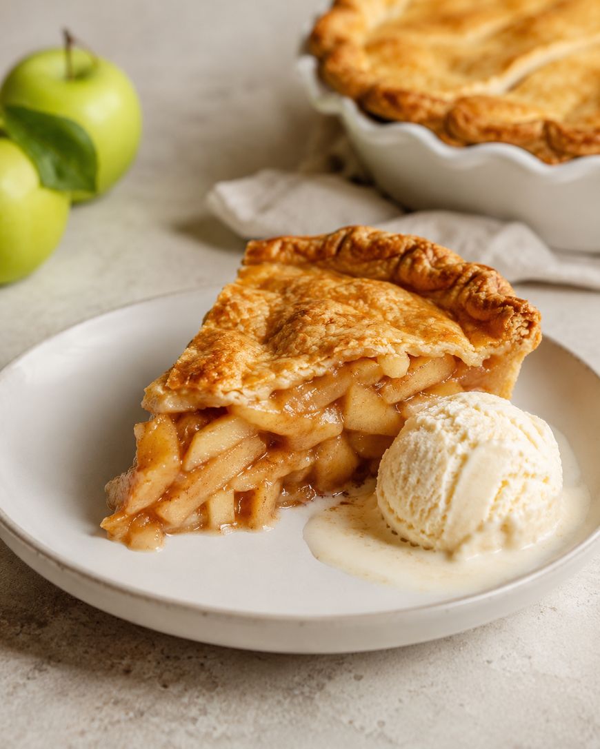 A fork cutting into a slice of apple pie with flaky crust and caramelized apple filling on a plate, with a whole pie and a green apple in the background.