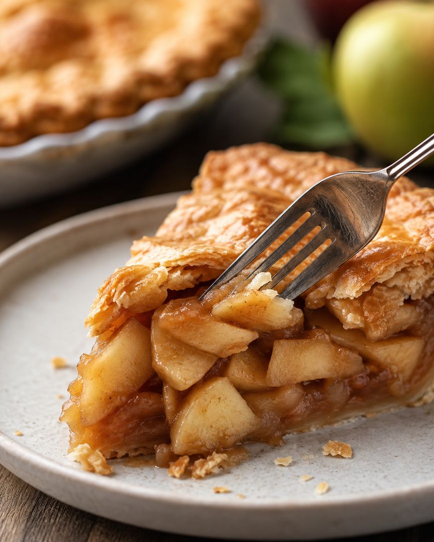 Apple slices coated with cinnamon and sugar in a glass bowl, ready for baking. A lemon, apples, striped cloth, and wooden spoon are nearby on a marble surface.