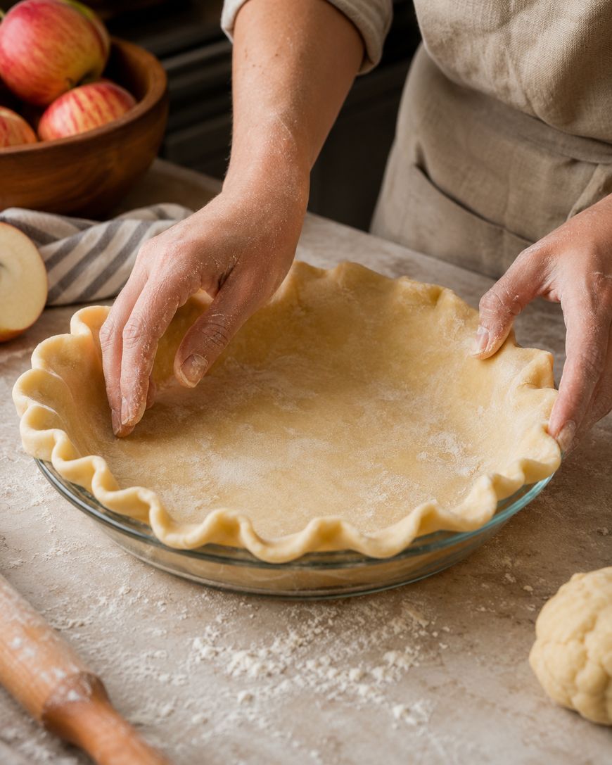 A person shapes the crimped edge of an unbaked pie crust in a glass pie dish on a floured surface, with apples, a rolling pin, and dough nearby.