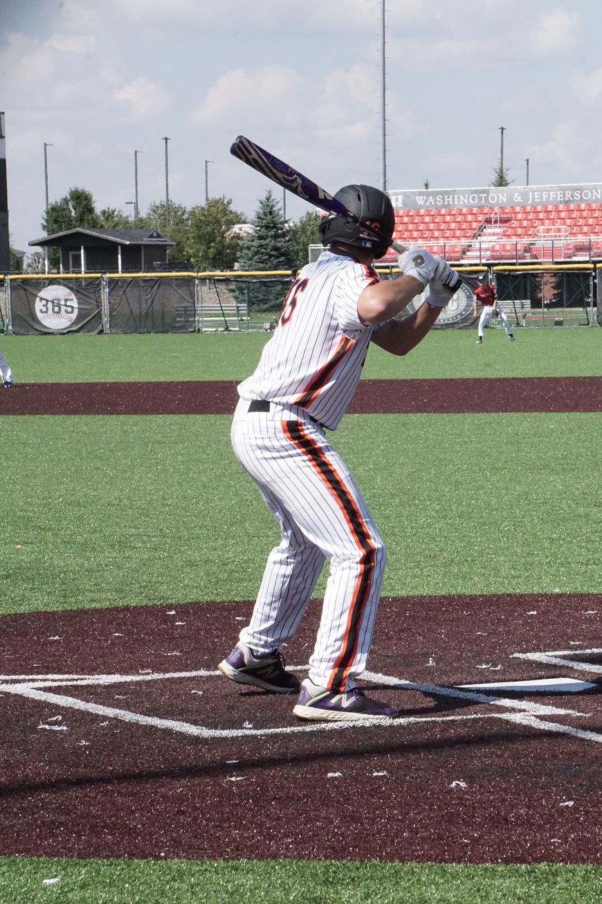 A baseball player in a striped uniform stands at home plate, preparing to bat on an artificial turf field. The stadium seats and scoreboard are visible in the background.
