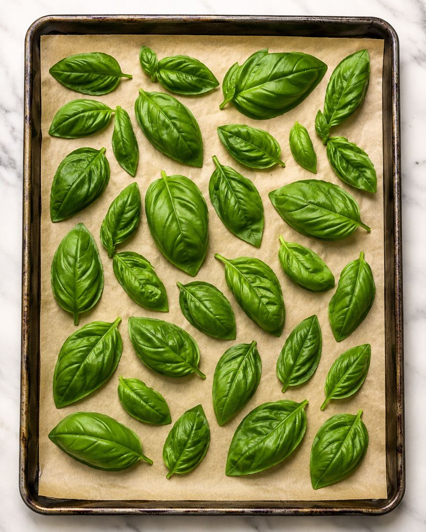A baking sheet lined with parchment paper displays neatly arranged fresh basil leaves of various sizes on a marble surface.