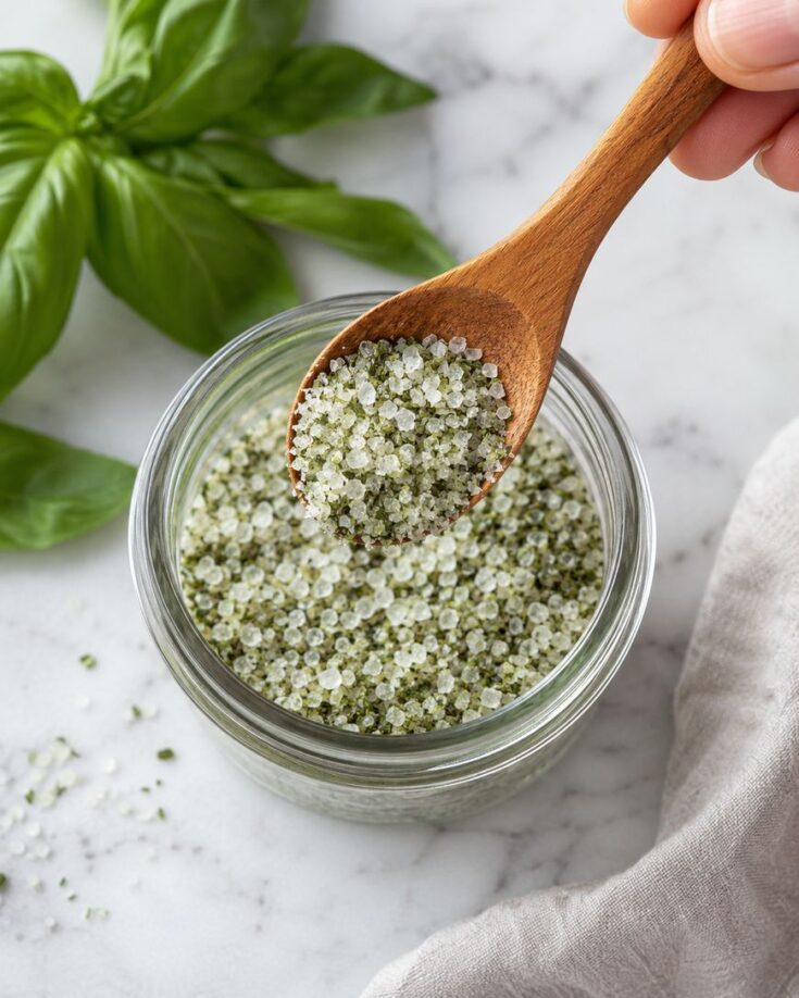 A wooden spoon scoops green herb-infused salt from a glass jar on a marble surface, with fresh basil leaves and a cloth napkin nearby.