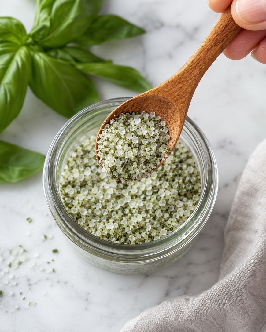 A wooden spoon scoops green herb-infused salt from a glass jar on a marble surface, with fresh basil leaves and a cloth napkin nearby.