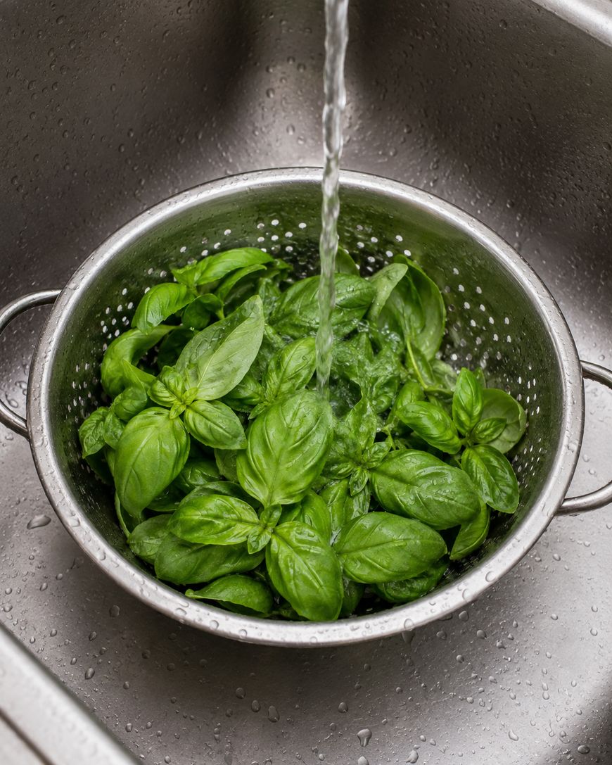 Fresh basil leaves being rinsed under running water in a metal colander placed in a stainless steel sink.