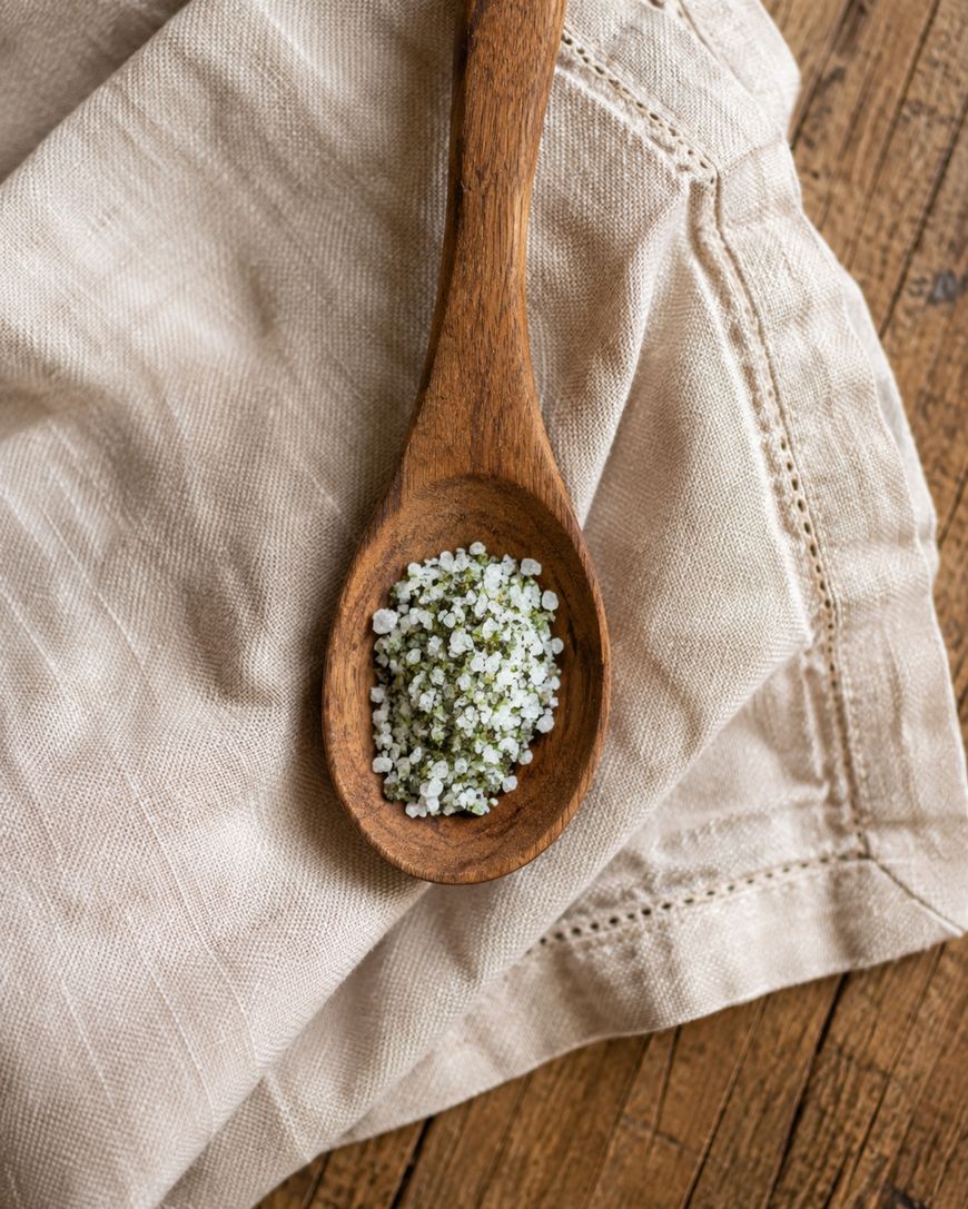 A wooden spoon with coarse seasoning, possibly salt mixed with herbs, rests on a folded beige cloth on a wooden surface.