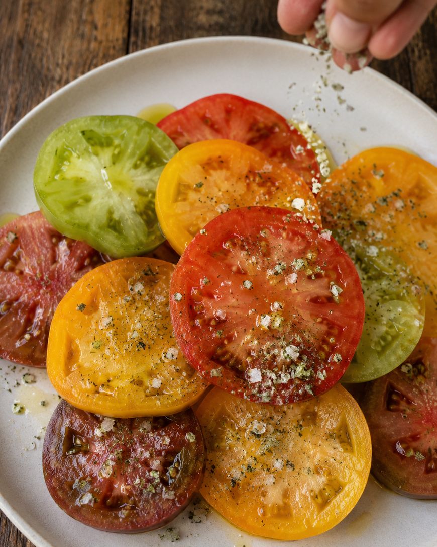 Sliced heirloom tomatoes in red, yellow, and green on a plate, being sprinkled with seasoning from a hand above, on a wooden table.