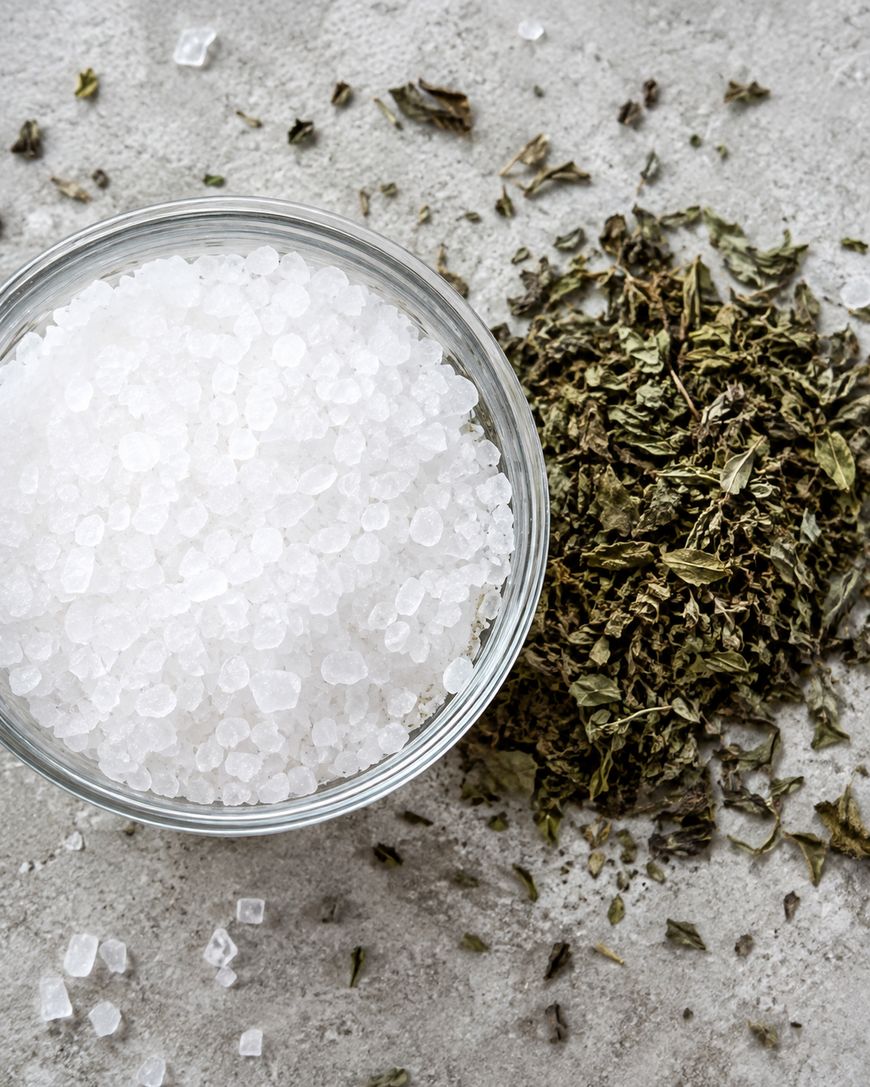 A glass bowl filled with coarse sea salt sits next to a pile of dried green herbs on a gray textured surface.