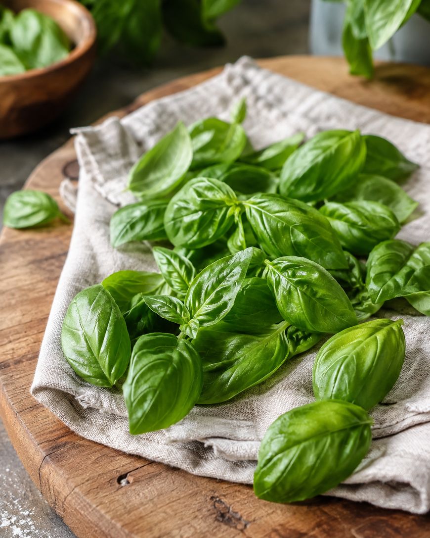 Fresh basil leaves scattered on a folded beige cloth napkin atop a wooden cutting board, with a small bowl and more basil blurred in the background.