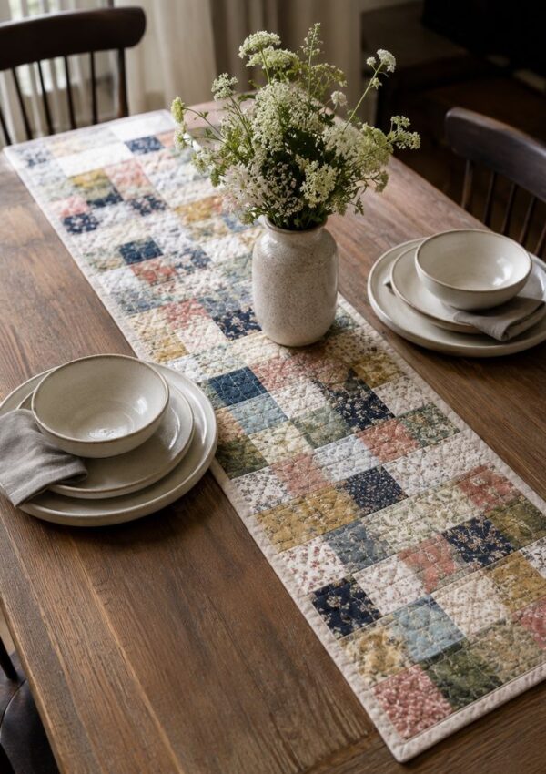 A rustic wooden table with a colorful patchwork table runner, a vase of wildflowers, and two place settings with stacked ceramic plates, bowls, and gray napkins.